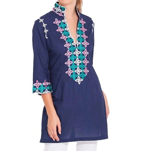 Jude Connally Embroidered Cotton Navy 3/4 Sleeve Tunic Women’s Size Medium - Picture 1 of 13